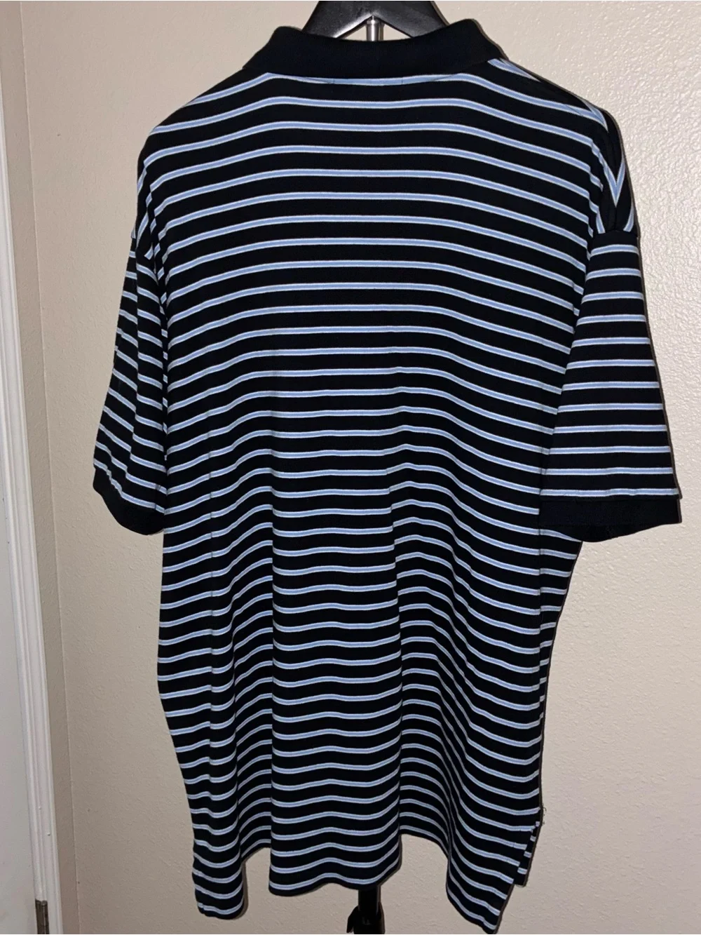 Ralph Lauren Black with Light Blue Striped Polo Featuring Red Pony